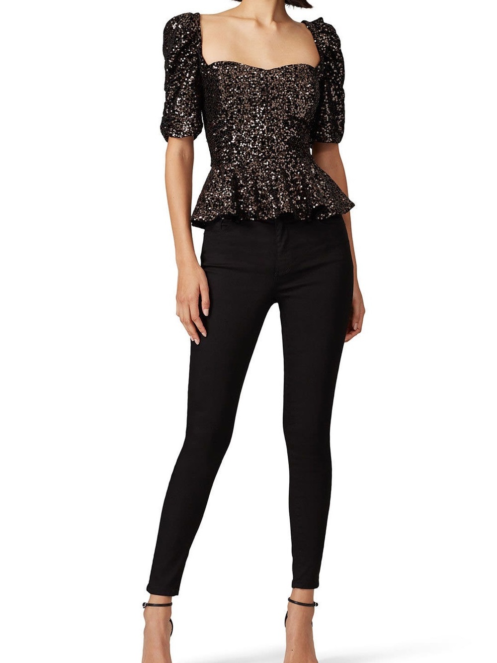 Amanda Uprichard Black Sequin Puff-Sleeve Peplum Top